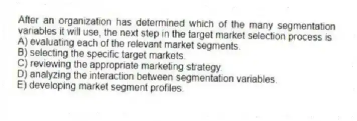 After an organization has determined which of the many segmentation variables it will use, the next step in the target market selection process is
A) evaluating each of the relevant market segments.
B) selecting the specific target markets.
C) reviewing the appropriate marketing strategy.
D) analyzing the interaction between segmentation variables.
E) developing market segment profiles.