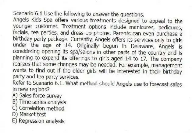 Scenario 6.1 Use the following to answer the questions.
Angels Kids Spa offers various treatments designed to appeal to the younger customer. Treatment options include manicures, pedicures, facials, tea parties, and dress up photos. Parents can even purchase a birthday party package. Currently, Angels offers its services only to girls under the age of 14. Originally begun in Delaware, Angels is considering opening its spa/salons in other parts of the country and is planning to expand its offerings to girls aged 14 to 17. The company realizes that some changes may be needed. For example, management wants to find out if the older girls will be interested in their birthday party and tea party services.
Refer to Scenario 6.1. What method should Angels use to forecast sales in new regions?
A) Sales force survey
B) Time series analysis
C) Correlation method
D) Market test
E) Regression analysis