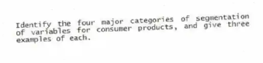 Identify the four major categories of segmentation of variables for consumer products, and give three examples of each.