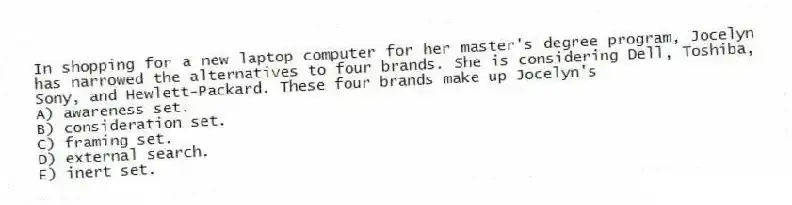 In shopping for a new laptop computer for her master's degree program, Jocelyn has narrowed the alternatives to four brands. She is considering Dell, Toshiba, Sony, and Hewlett-Packard. These four brands make up Jocelyn's
A) awareness set.
B) consideration set.
C) framing set.
D) external search.
E) inert set.
