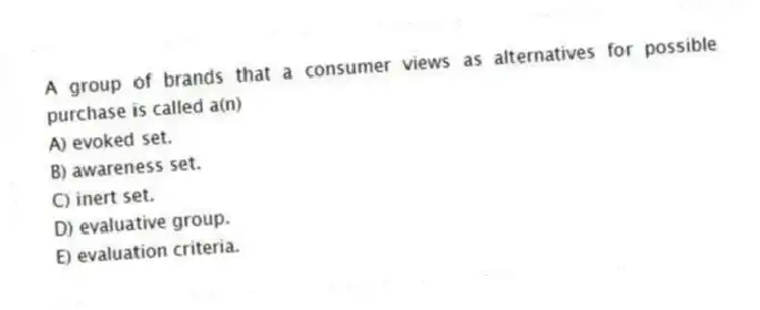 A group of brands that a consumer views as alternatives for possible purchase is called a(n)
A) evoked set.
B) awareness set.
C) inert set.
D) evaluative group.
E) evaluation criteria.