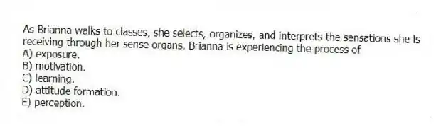 As Brianna walks to classes, she selects, organizes, and interprets the sensations she is receiving through her sense organs. Brianna is experiencing the process of
A) exposure.
B) motivation.
C) learning.
D) attitude formation.
E) perception.