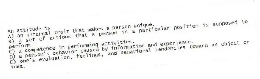 An attitude is
A) an internal trait that makes a person unique.
B) a set of actions that a person in a particular position is supposed to perform.
C) a competence in performing activities.
D) a person's behavior caused by information and experience.
E) one's evaluation, feelings, and behavioral tendencies toward an object or idea.