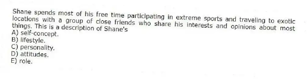 Shane spends most of his free time participating in extreme sports and traveling to exotic locations with a group of close friends who share his interests and opinions about most things. This is a description of Shane's
A) self-concept.
B) lifestyle.
C) personality.
D) attitudes.
E) role.