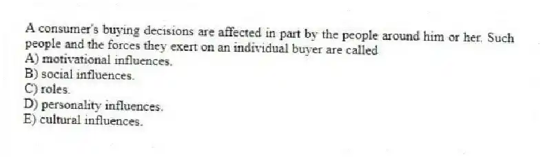 A consumer's buying decisions are affected in part by the people around him or her. Such people and the forces they exert on an individual buyer are called
A) motivational influences.
B) social influences.
C) roles.
D) personality influences.
E) cultural influences.