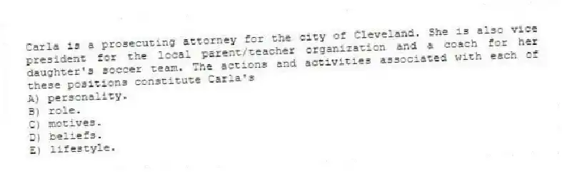 Carla is a prosecuting attorney for the city of Cleveland. She is also vice president for the local parent/teacher organization and a coach for her daughter's soccer team. The actions and activities associated with each of these positions constitute Carla's
A) personality.
B) role.
C) motives.
D) beliefs.
E) lifestyle.