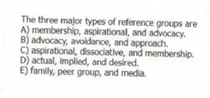 The three major types of reference groups are
A) membership, aspirational, and advocacy.
B) advocacy, avoidance, and approach.
C) aspirational, dissociative, and membership.
D) actual, implied, and desired.
E) family, peer group, and media.