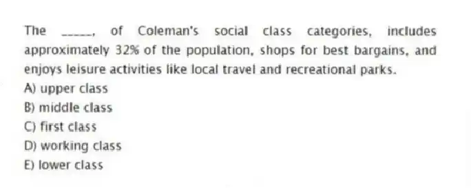 The _____, of Coleman's social class categories, includes approximately 32% of the population, shops for best bargains, and enjoys leisure activities like local travel and recreational parks.
A) upper class
B) middle class
C) first class
D) working class
E) lower class