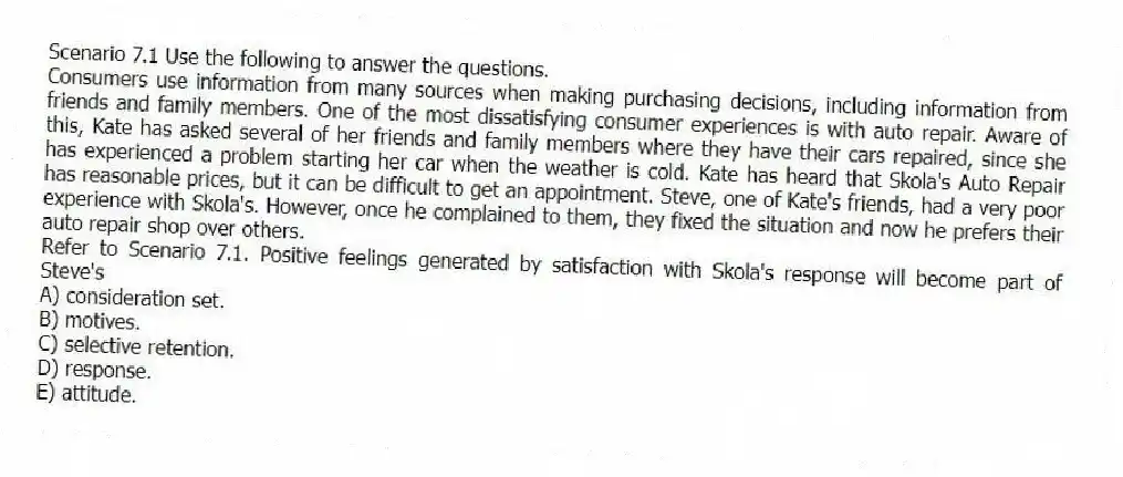 Scenario 7.1 Use the following to answer the questions.
Consumers use information from many sources when making purchasing decisions, including information from friends and family members. One of the most dissatisfying consumer experiences is with auto repair. Aware of this, Kate has asked several of her friends and family members where they have their cars repaired, since she has experienced a problem starting her car when the weather is cold. Kate has heard that Skola's Auto Repair has reasonable prices, but it can be difficult to get an appointment. Steve, one of Kate's friends, had a very poor experience with Skola's. However, once he complained to them, they fixed the situation and now he prefers their auto repair shop over others.
Refer to Scenario 7.1. Positive feelings generated by satisfaction with Skola's response will become part of Steve's
A) consideration set.
B) motives.
C) selective retention.
D) response.
E) attitude.