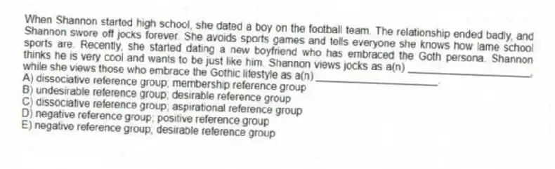When Shannon started high school, she dated a boy on the football team. The relationship ended badly, and Shannon swore off jocks forever. She avoids sports games and tells everyone she knows how lame school sports are. Recently, she started dating a new boyfriend who has embraced the Goth persona. Shannon thinks he is very cool and wants to be just like him. Shannon views jocks as a(n) _____________________, while she views those who embrace the Gothic lifestyle as a(n) _____________________.
A) dissociative reference group; membership reference group
B) undesirable reference group; desirable reference group
C) dissociative reference group; aspirational reference group
D) negative reference group; positive reference group
E) negative reference group; desirable reference group