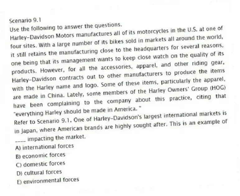 Scenario 9.1
Use the following to answer the questions.
Harley-Davidson Motors manufactures all of its motorcycles in the U.S. at one of four sites. With a large number of its bikes sold in markets all around the world, it still retains the manufacturing close to the headquarters for several reasons, one being that its management wants to keep close watch on the quality of its products. However, for all the accessories, apparel, and other riding gear, Harley-Davidson contracts out to other manufacturers to produce the items with the Harley name and logo. Some of these items, particularly the apparel, are made in China. Lately, some members of the Harley Owners' Group (HOG) have been complaining to the company about this practice, citing that "everything Harley should be made in America. "
Refer to Scenario 9.1. One of Harley-Davidson's largest international markets is in Japan, where American brands are highly sought after. This is an example of ____ impacting the market.
A) international forces
B) economic forces
C) domestic forces
D) cultural forces
E) environmental forces