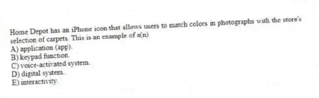Home Depot has an iPhone icon that allows users to match colors in photographs with the store's selection of carpets. This is an example of a(n)
A) application (app).
B) keypad function.
C) voice-activated system.
D) digital system.
E) interactivity.