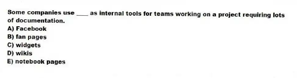 Some companies use ____ as internal tools for teams working on a project requiring lots of documentation.
A) Facebook
B) fan pages
C) widgets
D) wikis
E) notebook pages