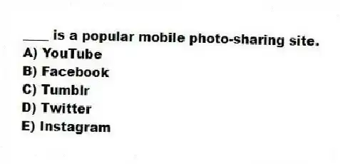 ____ is a popular mobile photo-sharing site.
A) YouTube
B) Facebook
C) Tumblr
D) Twitter
E) Instagram