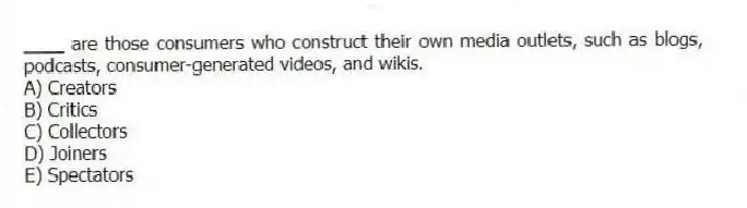 ____ are those consumers who construct their own media outlets, such as blogs, podcasts, consumer-generated videos, and wikis.
A) Creators
B) Critics
C) Collectors
D) Joiners
E) Spectators