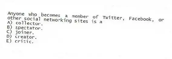 Anyone who becomes a member of Twitter, Facebook, or other social networking sites is a
A) collector.
B) spectator.
C) joiner.
D) creator.
E) critic.