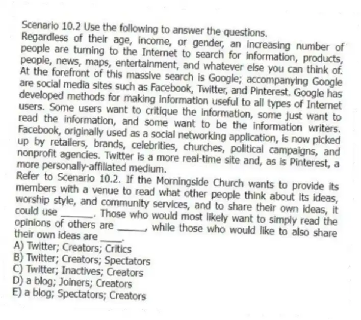 Scenario 10.2 Use the following to answer the questions.
Regardless of their age, income, or gender, an increasing number of people are turning to the Internet to search for information, products, people, news, maps, entertainment, and whatever else you can think of. At the forefront of this massive search is Google; accompanying Google are social media sites such as Facebook, Twitter, and Pinterest. Google has developed methods for making information useful to all types of Internet users. Some users want to critique the information, some just want to read the information, and some want to be the information writers. Facebook, originally used as a social networking application, is now picked up by retailers, brands, celebrities, churches, political campaigns, and nonprofit agencies. Twitter is a more real-time site and, as is Pinterest, a more personally-affiliated medium.
Refer to Scenario 10.2. If the Morningside Church wants to provide its members with a venue to read what other people think about its ideas, worship style, and community services, and to share their own ideas, it could use ______. Those who would most likely want to simply read the opinions of others are _____, while those who would like to also share their own ideas are ____.
A) Twitter; Creators; Critics
B) Twitter; Creators; Spectators
C) Twitter; Inactives; Creators
D) a blog; Joiners; Creators
E) a blog; Spectators; Creators
