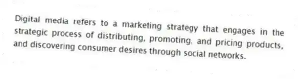 Digital media refers to a marketing strategy that engages in the strategic process of distributing, promoting, and pricing products, and discovering consumer desires through social networks.