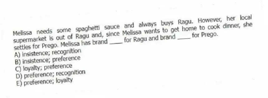 Melissa needs some spaghetti sauce and always buys Ragu. However, her local supermarket is out of Ragu and, since Melissa wants to get home to cook dinner, she settles for Prego. Melissa has brand ____ for Ragu and brand ____ for Prego.
A) insistence; recognition
B) insistence; preference
C) loyalty; preference
D) preference; recognition
E) preference; loyalty