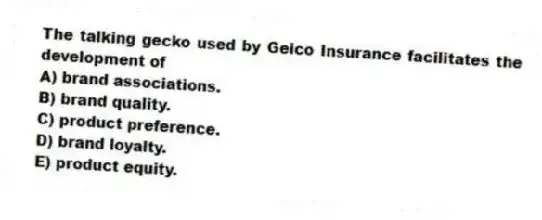 The talking gecko used by Geico Insurance facilitates the development of
A) brand associations.
B) brand quality.
C) product preference.
D) brand loyalty.
E) product equity.