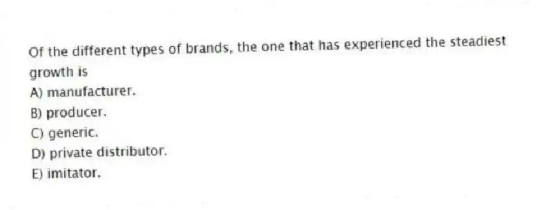 Of the different types of brands, the one that has experienced the steadiest growth is
A) manufacturer.
B) producer.
C) generic.
D) private distributor.
E) imitator.