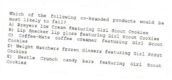 Which of the following co-branded products would be most likely to fail?
A) Breyers Ice Cream featuring Girl Scout Cookies
B) Lip Smacker lip gloss featuring Girl Scout Cookies
C) Coffee-Mate coffee creamer featuring Girl Scout Cookies
D) Weight Watchers frozen dinners featuring Girl Scout Cookies
E) Nestle Crunch candy bars featuring Girl Scout Cookies