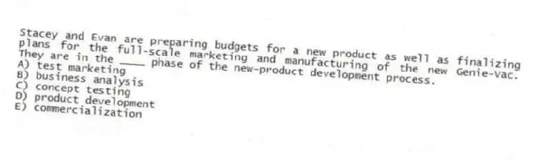 Stacey and Evan are preparing budgets for a new product as well as finalizing plans for the full-scale marketing and manufacturing of the new Genie-Vac. They are in the ____ phase of the new-product development process.
A) test marketing
B) business analysis
C) concept testing
D) product development
E) commercialization