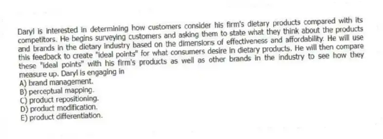 Daryl is interested in determining how customers consider his firm's dietary products compared with its competitors. He begins surveying customers and asking them to state what they think about the products and brands in the dietary industry based on the dimensions of effectiveness and affordability. He will use this feedback to create "ideal points" for what consumers desire in dietary products. He will then compare these "ideal points" with his firm's products as well as other brands in the industry to see how they measure up. Daryl is engaging in
A) brand management.
B) perceptual mapping.
C) product repositioning.
D) product modification.
E) product differentiation.