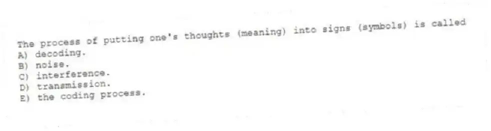 The process of putting one's thoughts (meaning) into signs (symbols) is called
A) decoding.
B) noise.
C) interference.
D) transmission.
E) the coding process.