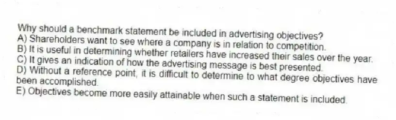 Why should a benchmark statement be included in advertising objectives?
A) Shareholders want to see where a company is in relation to competition.
B) It is useful in determining whether retailers have increased their sales over the year.
C) It gives an indication of how the advertising message is best presented.
D) Without a reference point, it is difficult to determine to what degree objectives have been accomplished.
E) Objectives become more easily attainable when such a statement is included.