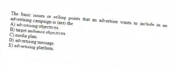 The basic issues or selling points that an advertiser wants to include in an advertising campaign is (are) the
A) advertising objectives.
B) target audience objectives.
C) media plan.
D) advertising message.
E) advertising platform.