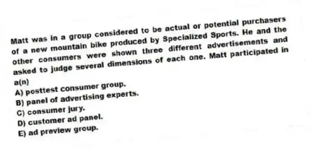 Matt was in a group considered to be actual or potential purchasers of a new mountain bike produced by Specialized Sports. He and the other consumers were shown three different advertisements and asked to judge several dimensions of each one. Matt participated in a(n)
A) posttest consumer group.
B) panel of advertising experts.
C) consumer jury.
D) customer ad panel.
E) ad preview group.