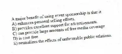 A major benefit of using event sponsorship is that it
A) enhances personal selling efforts.
B) provides excellent support for advertisements.
C) can provide large amounts of free media coverage.
D) is cost-free.
E) neutralizes the effects of unfavorable public relations.