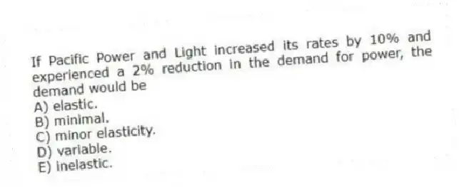 If Pacific Power and Light increased its rates by 10% and experienced a 2% reduction in the demand for power, the demand would be
A) elastic.
B) minimal.
C) minor elasticity.
D) variable.
E) inelastic.