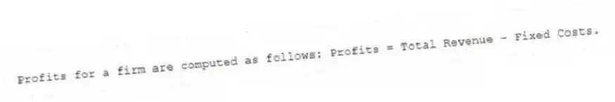 Profits for a firm are computed as follows: Profits = Total Revenue - Fixed Costs.