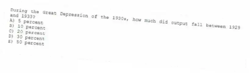 During the Great Depression of the 1930s, how much did output fall between 1929 and 1933?
A) 5 percent
B) 10 percent
C) 20 percent
D) 30 percent
E) 50 percent