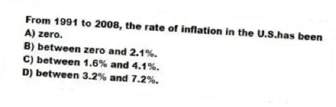 From 1991 to 2008, the rate of inflation in the U.S.has been
A) zero.
B) between zero and 2.1%.
C) between 1.6% and 4.1%.
D) between 3.2% and 7.2%.