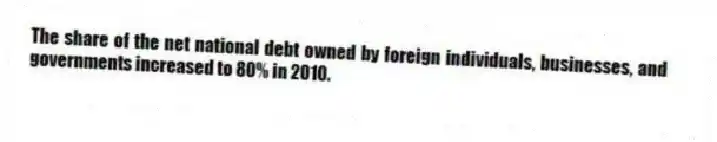 The share of the net national debt owned by foreign individuals, businesses, and governments increased to 80% in 2010.