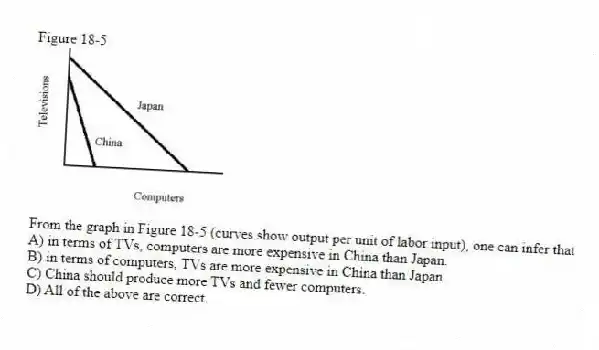 Figure 18-5
-From the graph in Figure 18-5 (curves show output per unit of labor input), one can infer that
A) in terms of TVs, computers are more expensive in China than Japan.
B) in terms of computers, TVs are more expensive in China than Japan.
C) China should produce more TVs and fewer computers.
D) All of the above are correct.