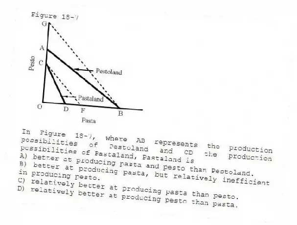 Figure 18-7
-In Figure 18-7, where AB represents the production possibilities of Pestoland and CD the production possibilities of Pastaland, Pastaland is
A) better at producing pasta and pesto than Pestoland.
B) better at producing pasta, but relatively inefficient in producing pesto.
C) relatively better at producing pasta than pesto.
D) relatively better at producing pesto than pasta.