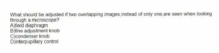 What should be adjusted if two overlapping images,instead of only one,are seen when looking through a microscope?
A)field diaphragm
B)fine adjustment knob
C)condenser knob
D)interpupillary control