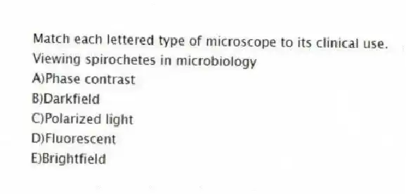 Match each lettered type of microscope to its clinical use.
-Viewing spirochetes in microbiology
A)Phase contrast
B)Darkfield
C)Polarized light
D)Fluorescent
E)Brightfield