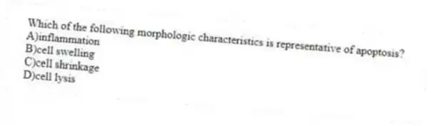 Which of the following morphologic characteristics is representative of apoptosis?
A)inflammation
B)cell swelling
C)cell shrinkage
D)cell lysis