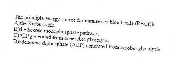 The principle energy source for mature red blood cells (RBCs)is
A)the Krebs cycle.
B)the hexose monophosphate pathway.
C)ATP generated from anaerobic glycolysis.
D)adenosine diphosphate (ADP) generated from aerobic glycolysis.