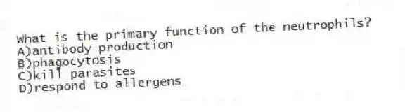 What is the primary function of the neutrophils?
A)antibody production
B)phagocytosis
C)kill parasites
D)respond to allergens