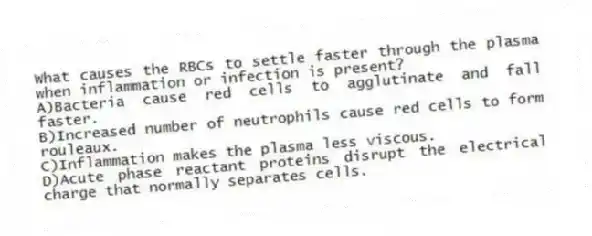 What causes the RBCs to settle faster through the plasma when inflammation or infection is present?
A)Bacteria cause red cells to agglutinate and fall faster.
B)Increased number of neutrophils cause red cells to form rouleaux.
C)Inflammation makes the plasma less viscous.
D)Acute phase reactant proteins disrupt the electrical charge that normally separates cells.