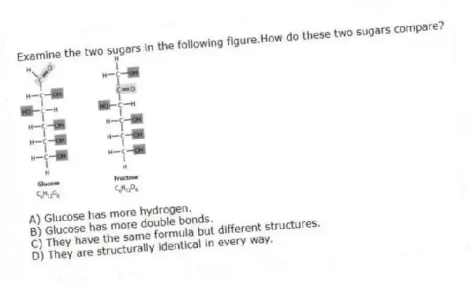 Examine the two sugars in the following figure.How do these two sugars compare?
A) Glucose has more hydrogen.
B) Glucose has more double bonds.
C) They have the same formula but different structures.
D) They are structurally identical in every way.