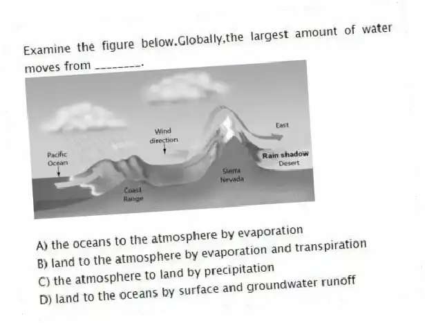 Examine the figure below.Globally,the largest amount of water moves from ________.
A) the oceans to the atmosphere by evaporation
B) land to the atmosphere by evaporation and transpiration
C) the atmosphere to land by precipitation
D) land to the oceans by surface and groundwater runoff