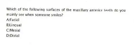Which of the following surfaces of the maxillary anterior teeth do you mainly see when someone smiles?
A)Facial
B)Lingual
C)Mesial
D)Distal