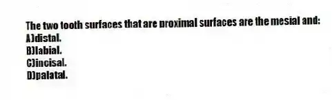 The two tooth surfaces that are proximal surfaces are the mesial and:
A)distal.
B)labial.
C)incisal.
D)palatal.